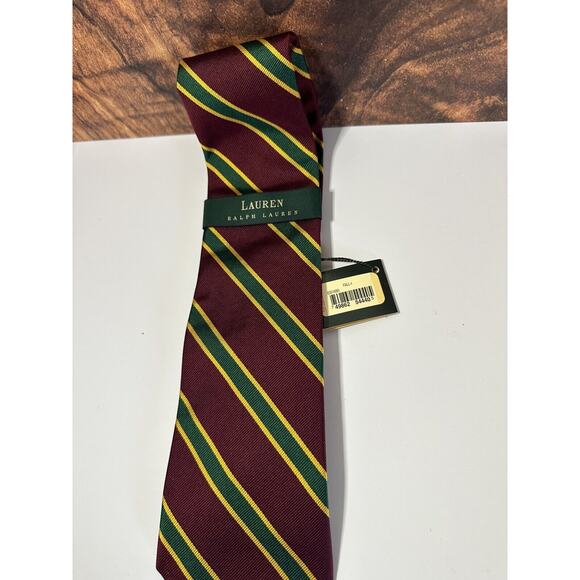 Polo Ralph Lauren Repp Striped Tie Maroon Green Gold Hand Finished NEW - Picture 4 of 5
